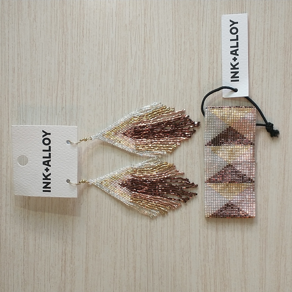 Ink+Alloy Mixed Metallic Stripe Fringe Earrings and Bead Bracelet
